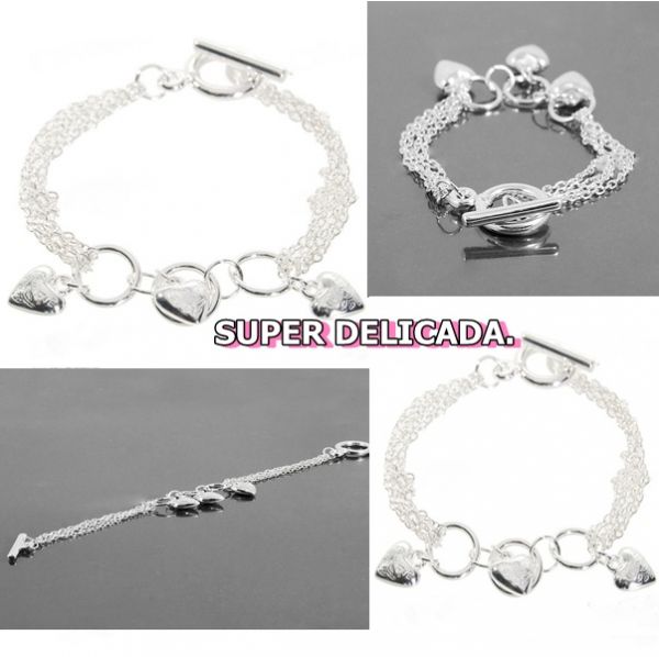 Pulseira 3 Corações Prata 925.